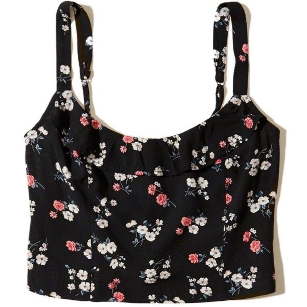 Hollister Black With Flowers Crop Top S